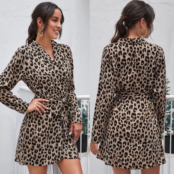 leopard print long sleeve wrap dress